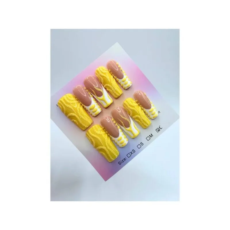 Luxury Handmade Press-On Nail Manicure Yellow Nude Textured 3D Sweater Abstract Swirl Set