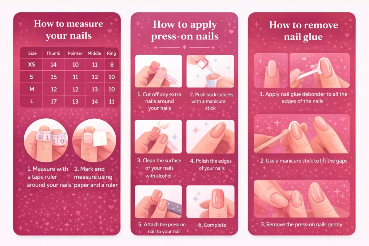 Size guide and application kit for handmade press-on nails including glue and file.