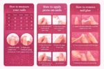 Size guide and application kit for handmade press-on nails including glue and file.