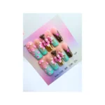 Almond Handmade Press On Nails 3D Pink Flower Nails Teal Green & Gold Rhinestone