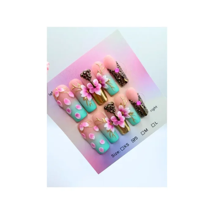 Almond Handmade Press On Nails 3D Pink Flower Nails Teal Green & Gold Rhinestone