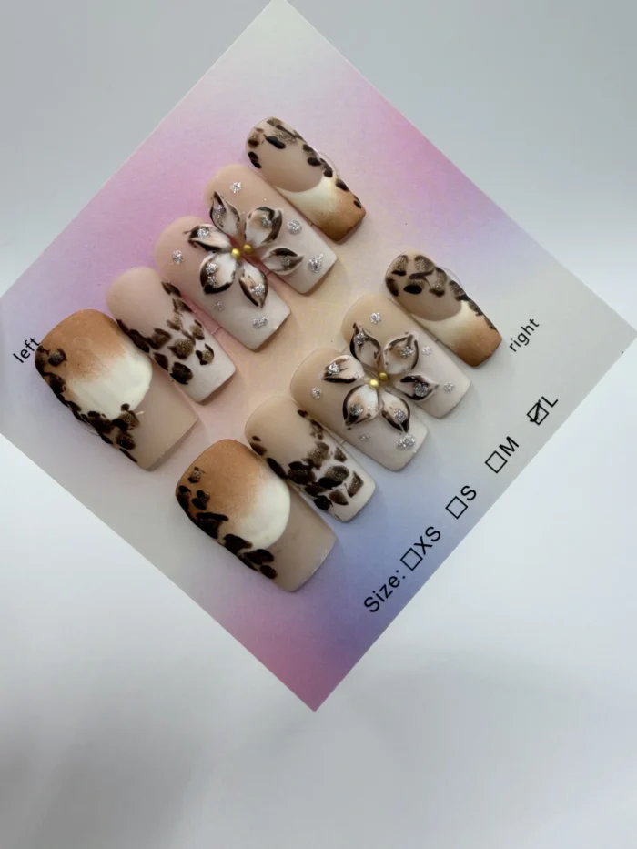 Handmade Press On Nail Manicure Nude Brown Handmade Press-On Nail Manicure Nude Brown Leopard Print 3D Floral Rhinestone