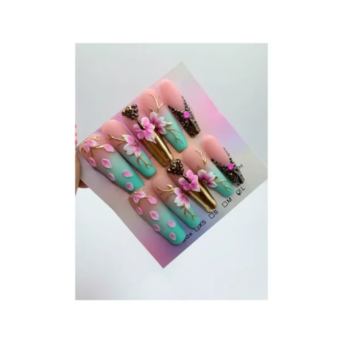 Long Coffin Handmade Press On Nails 3D Pink Flower Nails Teal Green & Gold Rhinestone