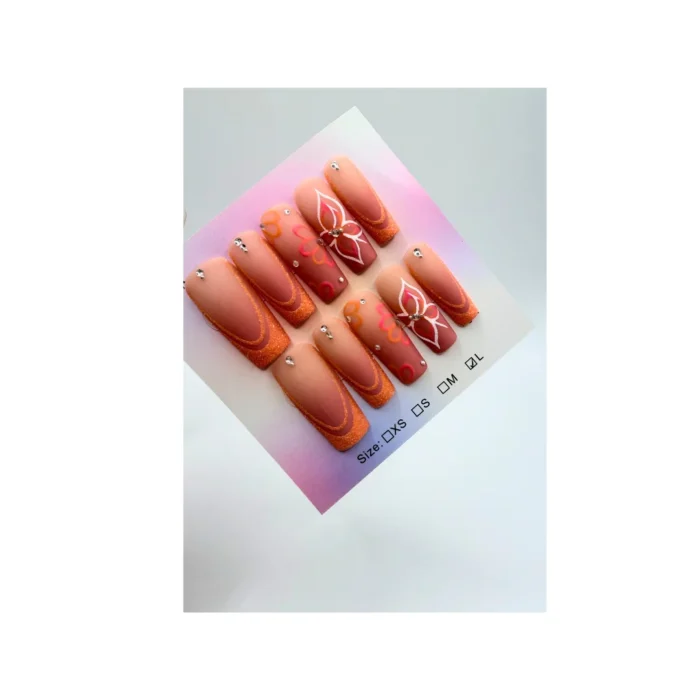 Handmade Press-On Nail Manicure Orange Brown Floral French Tips with 3D Lily Design Handmade Press-On Nail Manicure Orange Brown Floral French Tips with 3D Lily Design