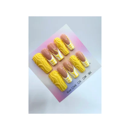 luxury handmade press-on nail manicure features a vibrant yellow and nude color palette with eye-catching 3D textured designs. The set includes a stylish mix of: Solid yellow nails with sweater-knit / ruched 3D texture Nude-base nails with abstract yellow and white swirls and French-inspired tips