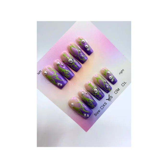 Coffin Purple Ombre Press On Nails | Neon Flame Nails with 3D Silver Studs