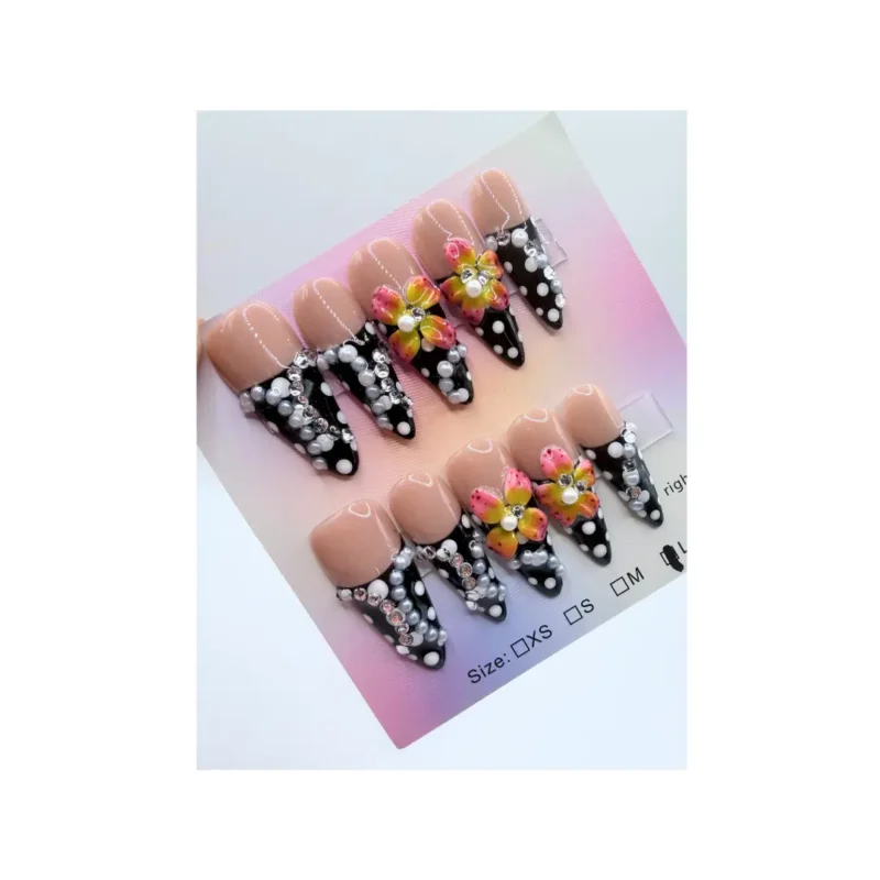 Sweet Dot Bloom Handmade 3D Press On Nails Polka dots Flowers Rhinestones French Tips