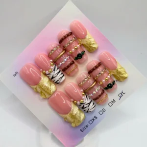 3cm square pink press-on nails with gold 3D bangles and zebra print