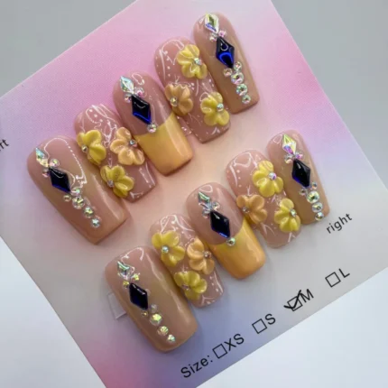 Handmade Honey-Yellow French Tips , 3D Sculpted Wildflowers & Crystals