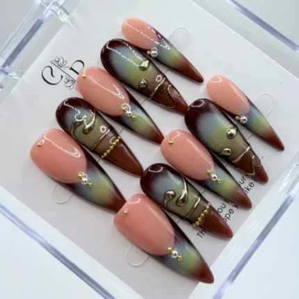Midnight Aura & Bronze Chrome Stiletto Press-On Nails – 3cm Airbrushed Ombré