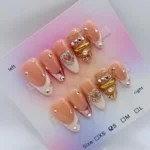 Handmade 3D Gold Bangle Press On Nails Almond Nude Base Ornate Heart & Chain Charms