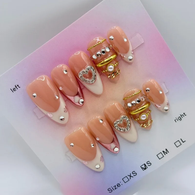 Handmade 3D Gold Bangle Press On Nails Almond Nude Base Ornate Heart & Chain Charms