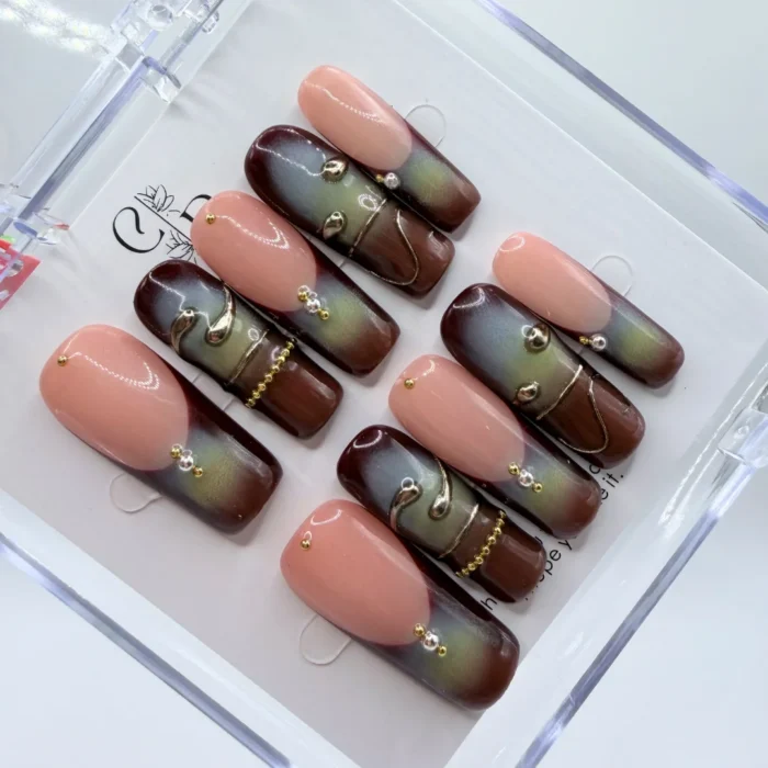 Handmade -Airbrushed -Ombre -Nails Earth-Tone Aura Press-On Nails: 3cm Long Square with Gold 3D Embellishments - Image 1