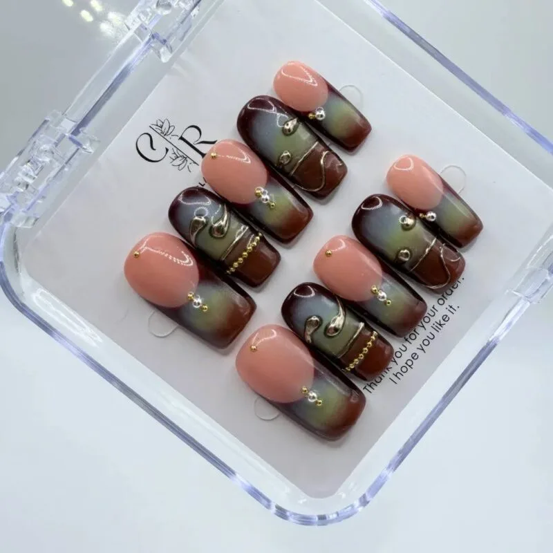 Handmade Earth Tone Aura Press On Nails | Stunning Gold Set
