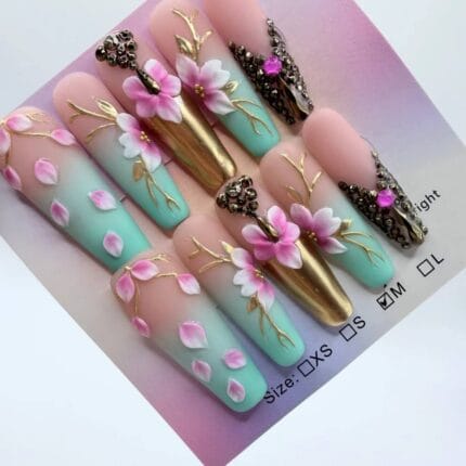 Handmade Sakura Press-On Nails | 3D Gold Chrome Matte Coffin - 4cm