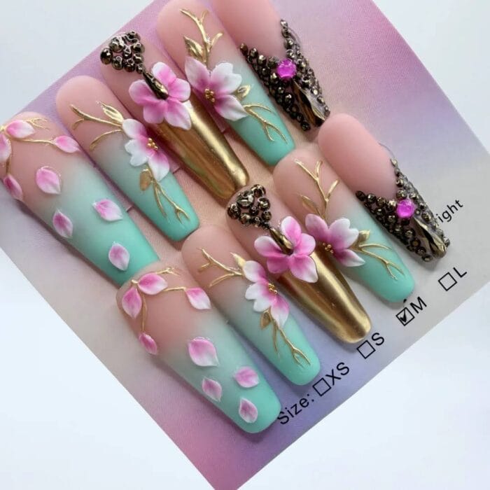 Handmade Sakura Press-On Nails | 3D Gold Chrome Matte Coffin - 4cm - Image 1
