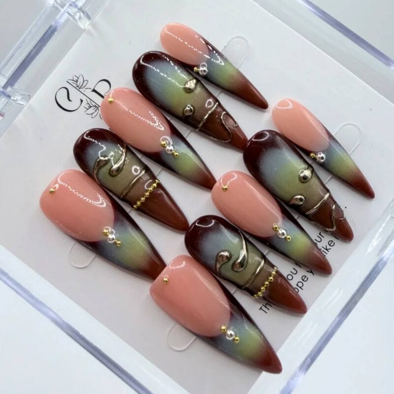Midnight Aura Bronze Chrome Stiletto Press On Nails | Bold Set