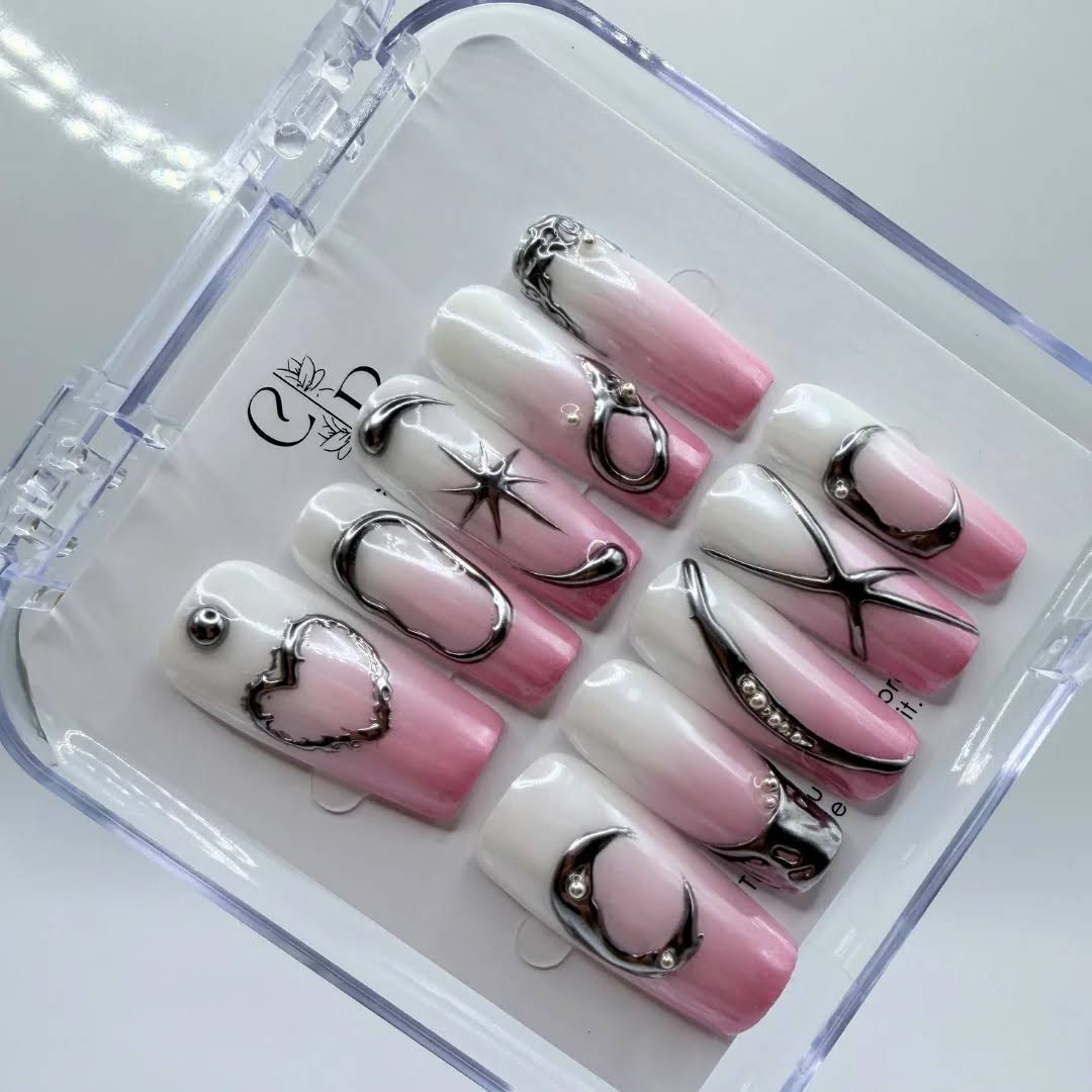 Pink Aura Ombre Press On Nails Silver Chrome | Stunning Square Set