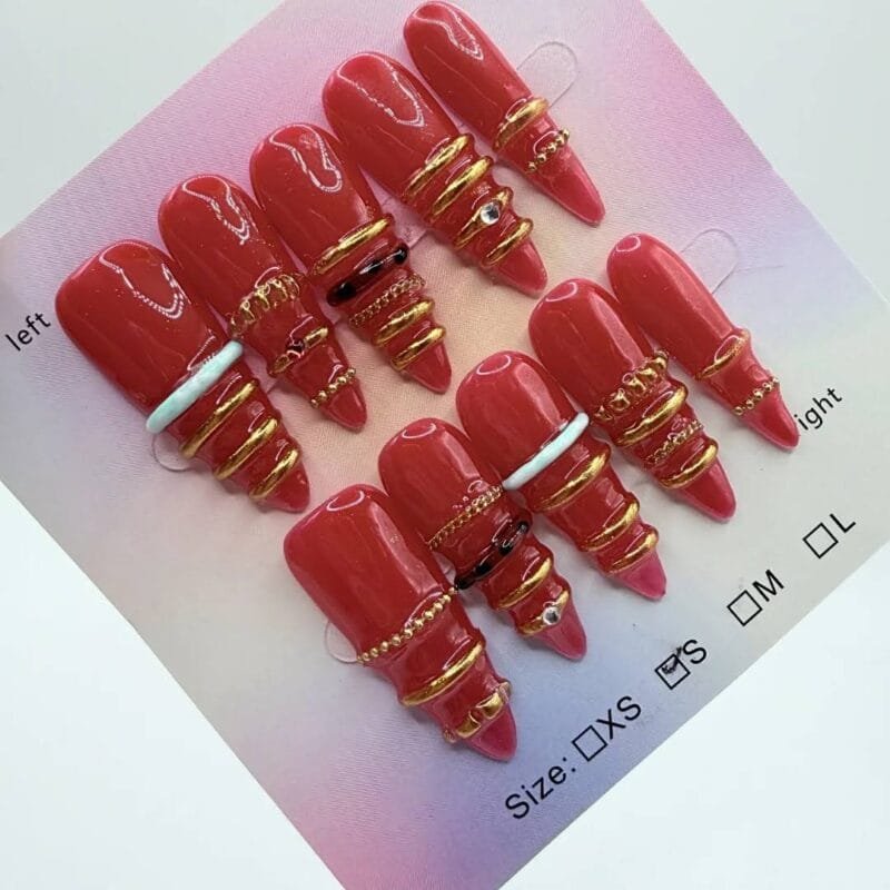 Red Stiletto Bangle Nails | Stunning 3D Gold Ring Press On Set