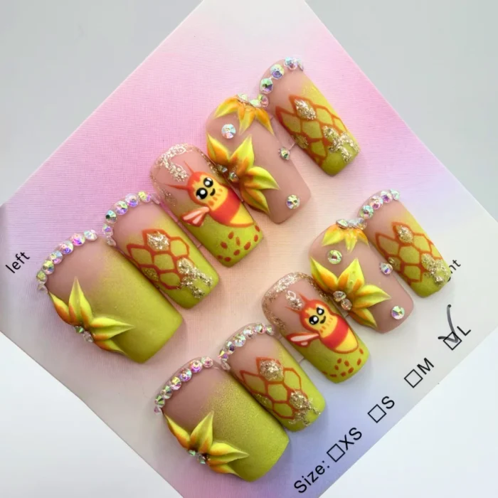 Sweet Honey Bee and 3D Flower Press On Nails Hand-Painted Bee & 3D Flower Press-On Nails | Square Summer Garden Set - Image 1
