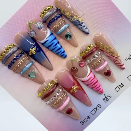 Maximalist Stiletto Press On Set 3D Cherry Bee Charms Blue Pink Bangle Design