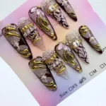 Burgundy Baroque Stiletto Press On Nails – Luxury 3D Floral Gold Set