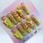 Bee Floral Square Press On Nails – Bold 3D Honeycomb Matte Set