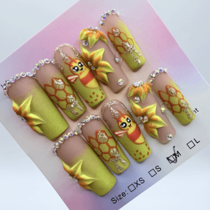 Bee Floral Square Press On Nails – Bold 3D Honeycomb Matte Set