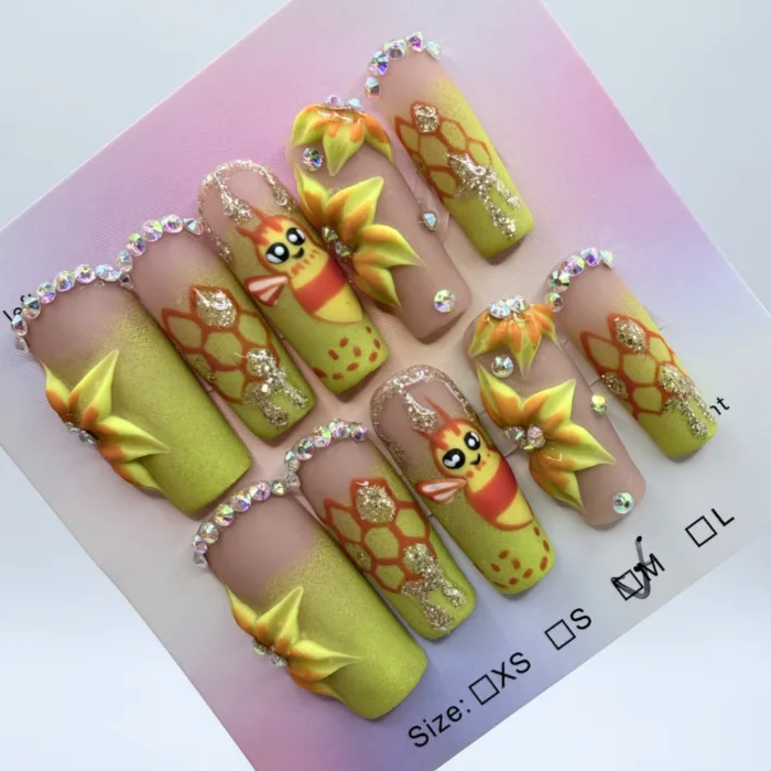 Bee Floral Square Press On Nails – Bold 3D Honeycomb Matte Set - Image 1