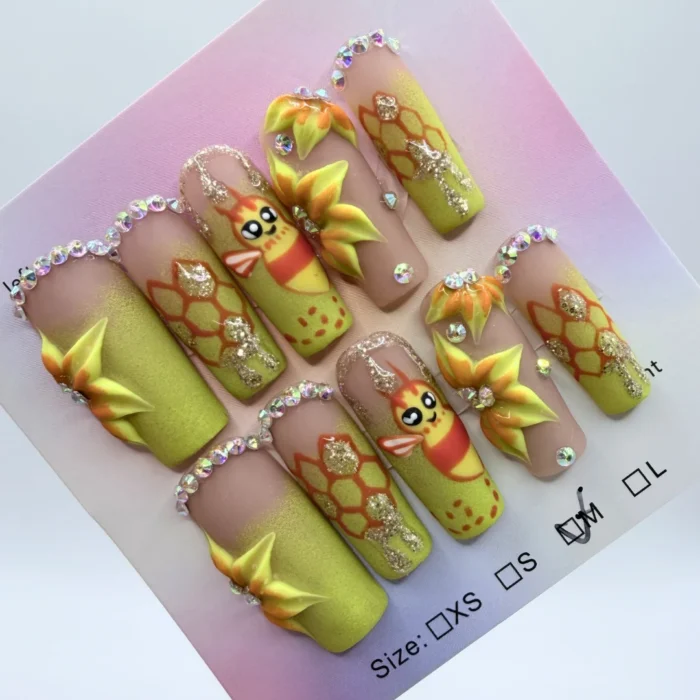 Upload product image first, then set alt text to bee floral square press on nails