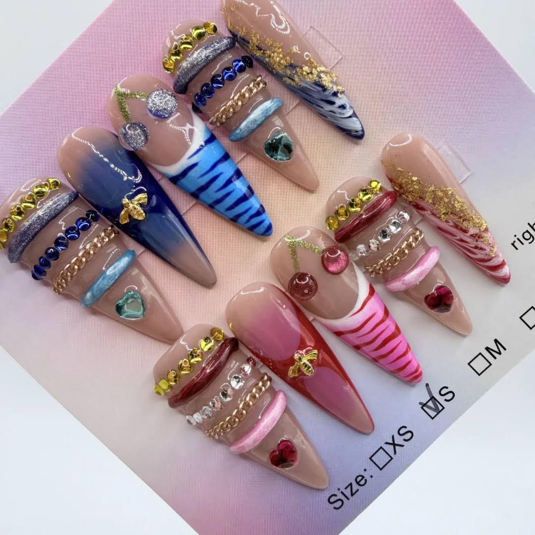 Blue Pink Cherry Bee Stiletto Nails – Gorgeous 3D Maximalist Set