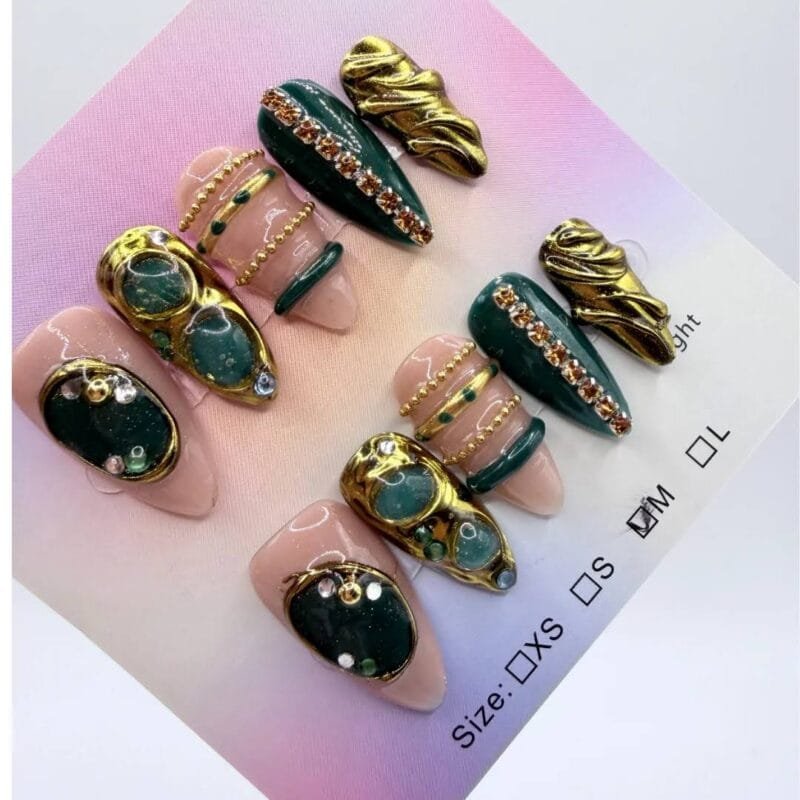 Green Gold Almond Press On Nails – Premium Vintage Luxury 3D Set