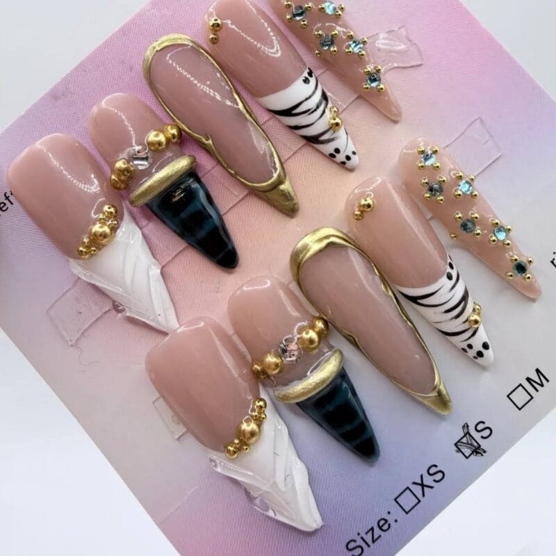 Nude Animal Print Stiletto Press On Nails – Luxury 3D Gold Set
