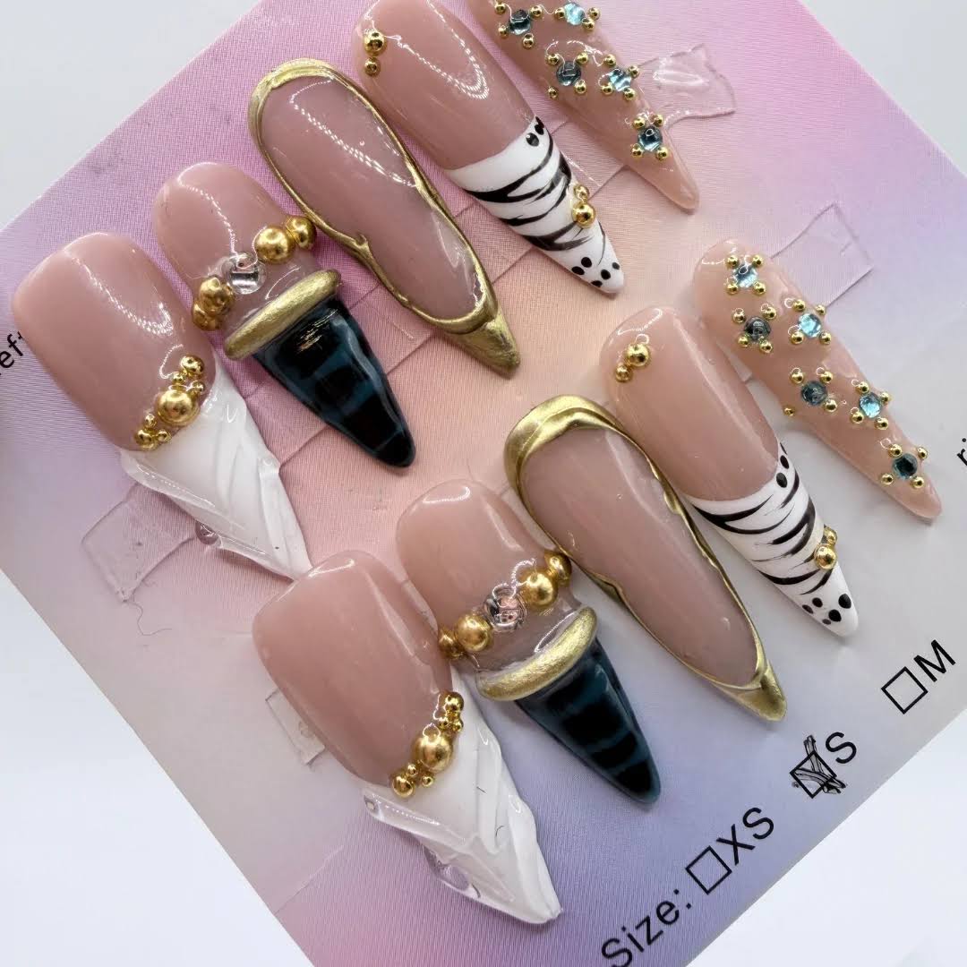 Nude Animal Print Stiletto Press On Nails – Luxury 3D Gold Set