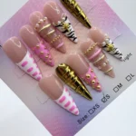 Pink Gold Zebra Stiletto Press On Nails – Stunning 3D Bangle Set