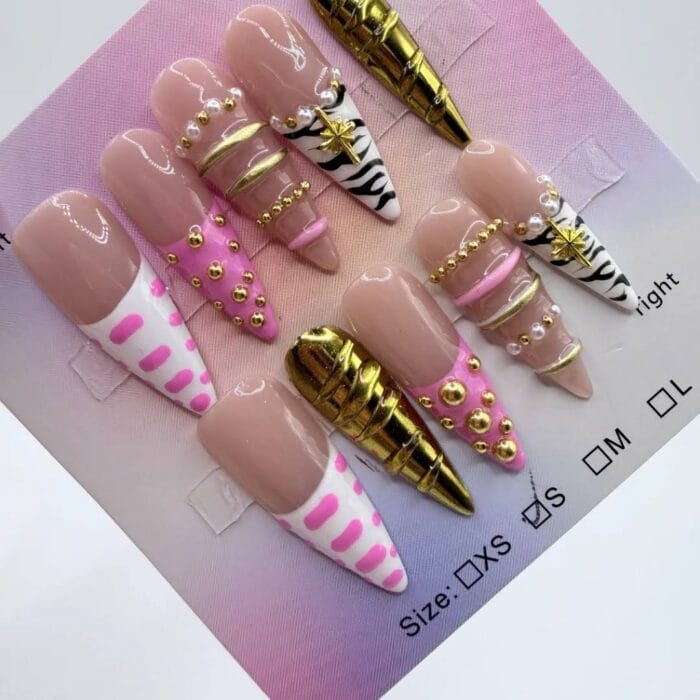 Pink Gold Zebra Stiletto Press On Nails – Stunning 3D Bangle Set Pink Gold Zebra Stiletto Press On Nails – Stunning 3D Bangle Set
