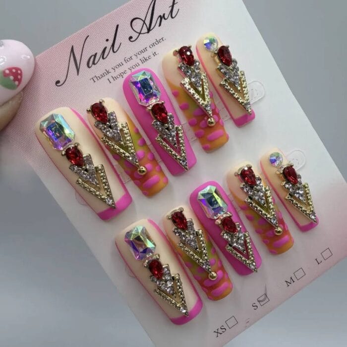Pink Orange Coffin Press On Nails – Stunning Matte 3D Set