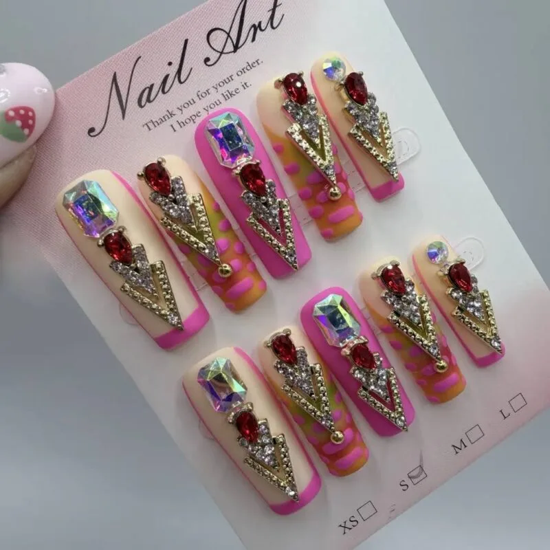 Pink Orange Coffin Press On Nails – Stunning Matte 3D Set