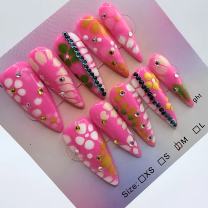 Pink Stiletto Press On Set 3D Floral Daisy Rhinestone Glossy Long Design
