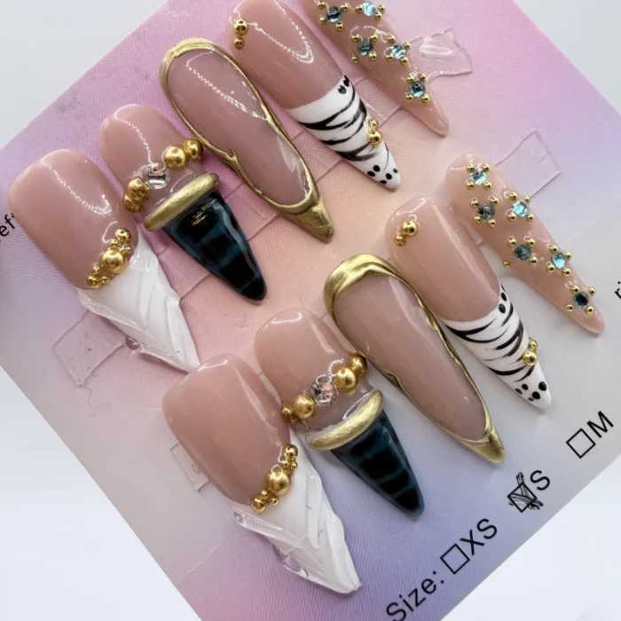 Stiletto Press On Set 3D Gold Bead Animal Print Zebra Leopard Nude Luxury Design - Image 1