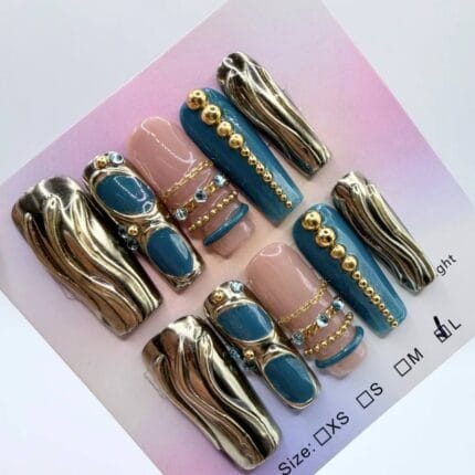 Teal Gold Coffin Press On Nails – Gorgeous Liquid Metal 3D Set