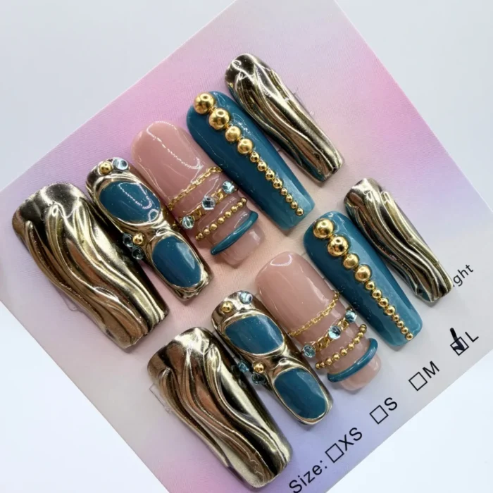 Teal Gold Coffin Press On Set 3D Liquid Metal Bangle Crystal Nude Design - Image 1