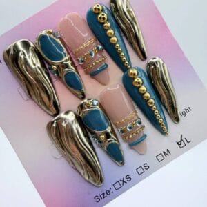 Teal Gold Stiletto Press On Nails – Stunning 3D Bangle Jewelry Set