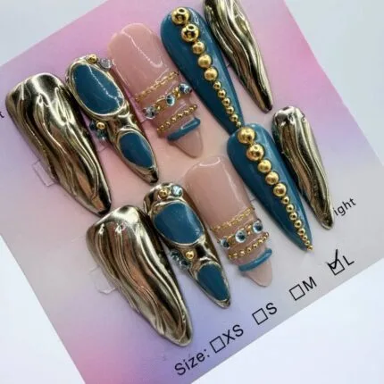 Teal Gold Stiletto Press On Nails – Stunning 3D Bangle Jewelry Set