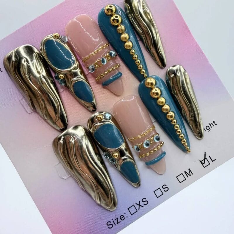 Teal Gold Stiletto Press On Nails – Stunning 3D Bangle Jewelry Set