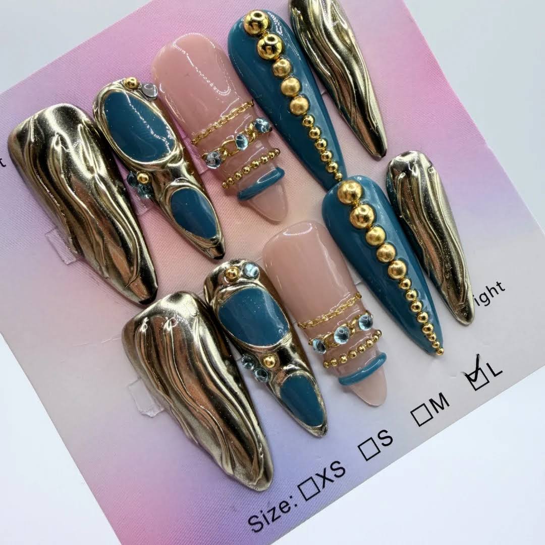 Teal Gold Stiletto Press On Nails – Stunning 3D Bangle Jewelry Set