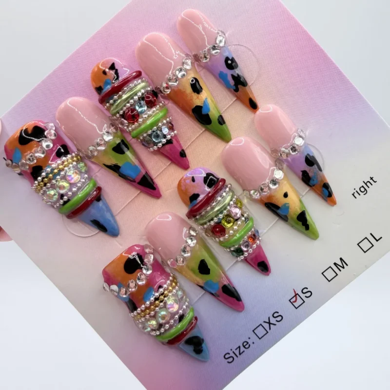 neon cheetah stiletto press on nails