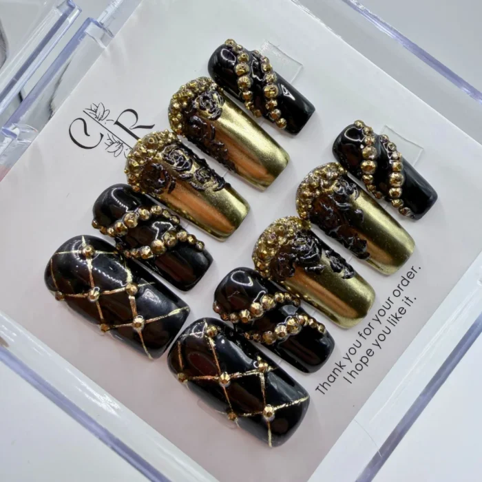 Black and Gold Quilted Press On Nails | 2.5 cm Square - Image 1