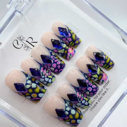 Luxury 2.5cm square press on nails featuring a long square profile with hand-painted neon green 3D structural accents.