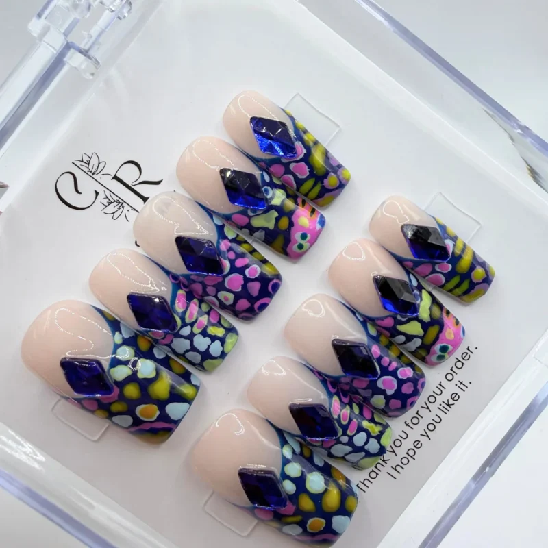 Luxury 2.5cm square press on nails featuring a long square profile with hand-painted neon green 3D structural accents.